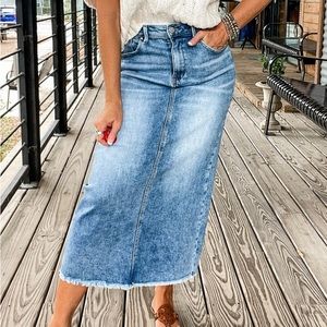 Denim Pencil Skirt with Slit in the Back & Frayed Hem